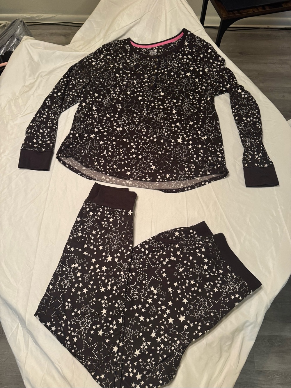 Cuddl Duds Black Star Print Pajama Set with Pink Trim